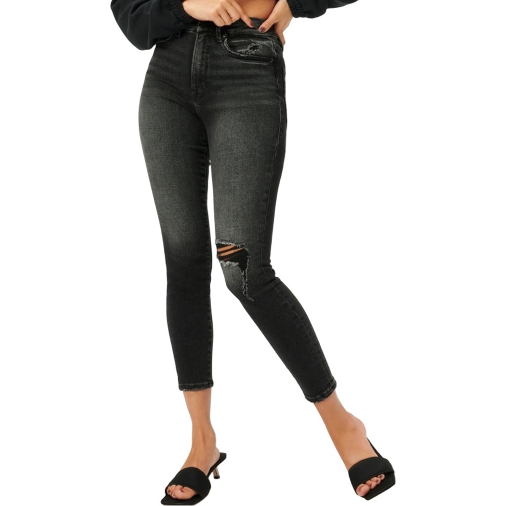 Good‎ American | Women’s Good Waist Crop Black Distressed denim Jeans Size 14/32